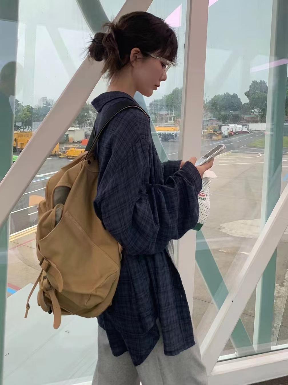 Csa Retro Japonesa Xadrez Azul Fena de Manga Longa Fina Design Solto Primavera Outono Estilo Clássico para o Dia a Dia...