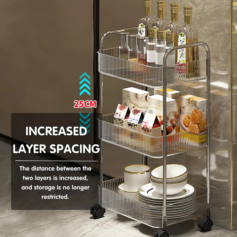 Light Luxury Storage Rack Trolley 2/3/4 Layers Transparent Acrylic Rolling Cart With Removable Hanging Baskets Snacks Bookshelf