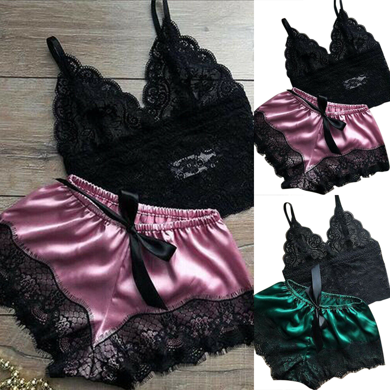 2PCS Damen Spitze Nachtwäsche Dessous Tops Shorts Set Babydoll Casual Pyjamas Nachtwäsche