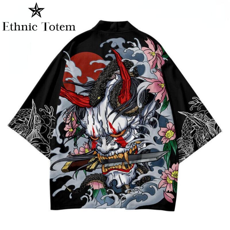 Men Demon Snake Dragon Pattern Printed Kimono Cardigan Chinese Japanese Samurai Coat Cape Summer Cosplay Asian Traditional Cloak