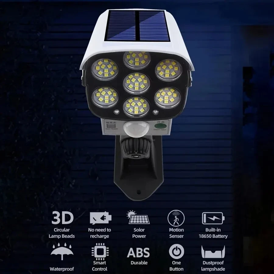 77 LED กลางแจ้ง Motion Sensor พลังงานแสงอาทิตย์ไฟ FloodLight กันน้ําไร้สาย Dummy Decoy กล้องรักษาความปลอดภัยปลอมสําหรับ Porch Garden Patio