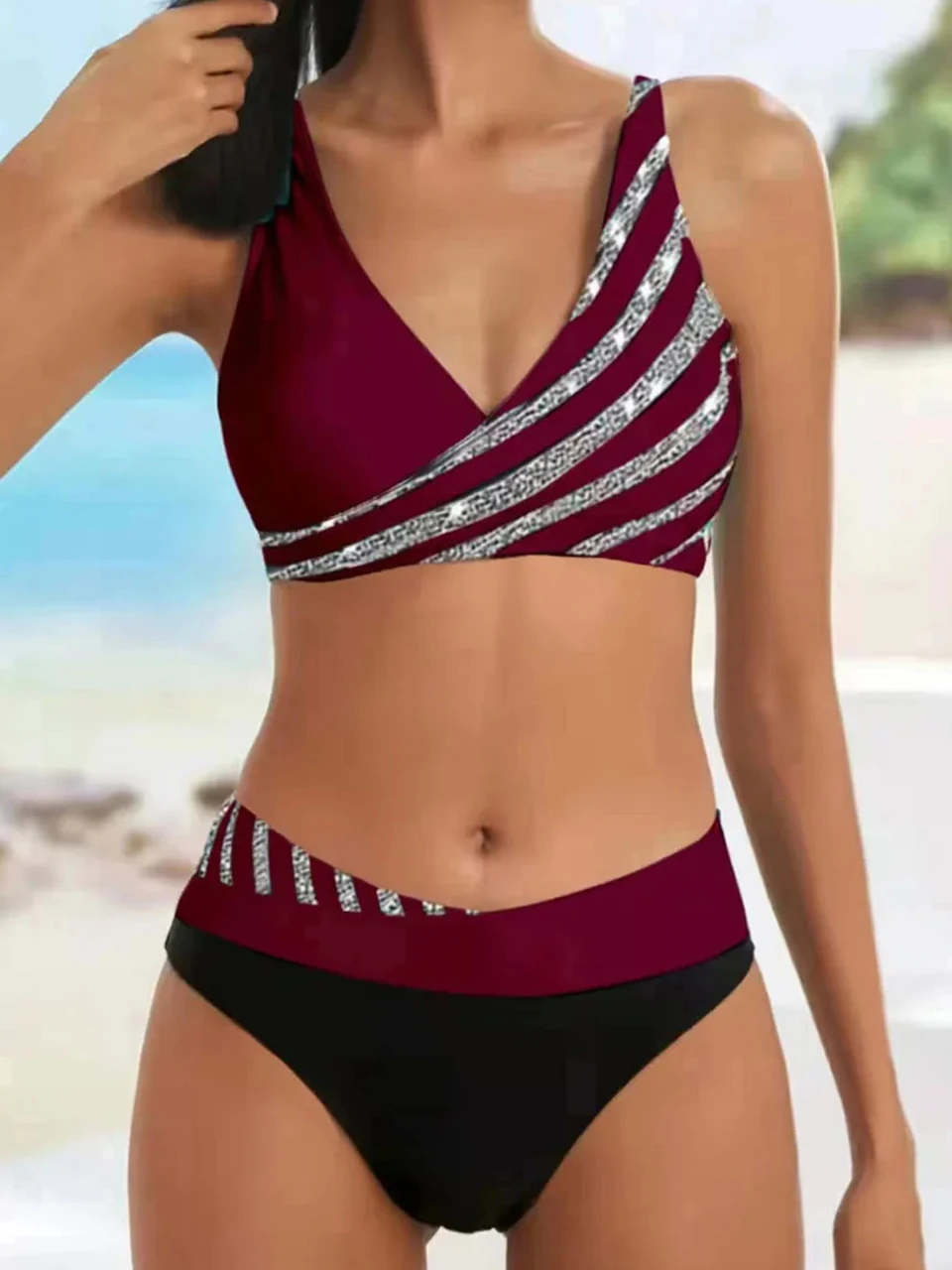 Col en V Bikini ensemble 2024 femmes rayure imprimé maillots de bain mosaïque été maillots de bain maillot de bain femme baigneurs maillot de bain 2XL