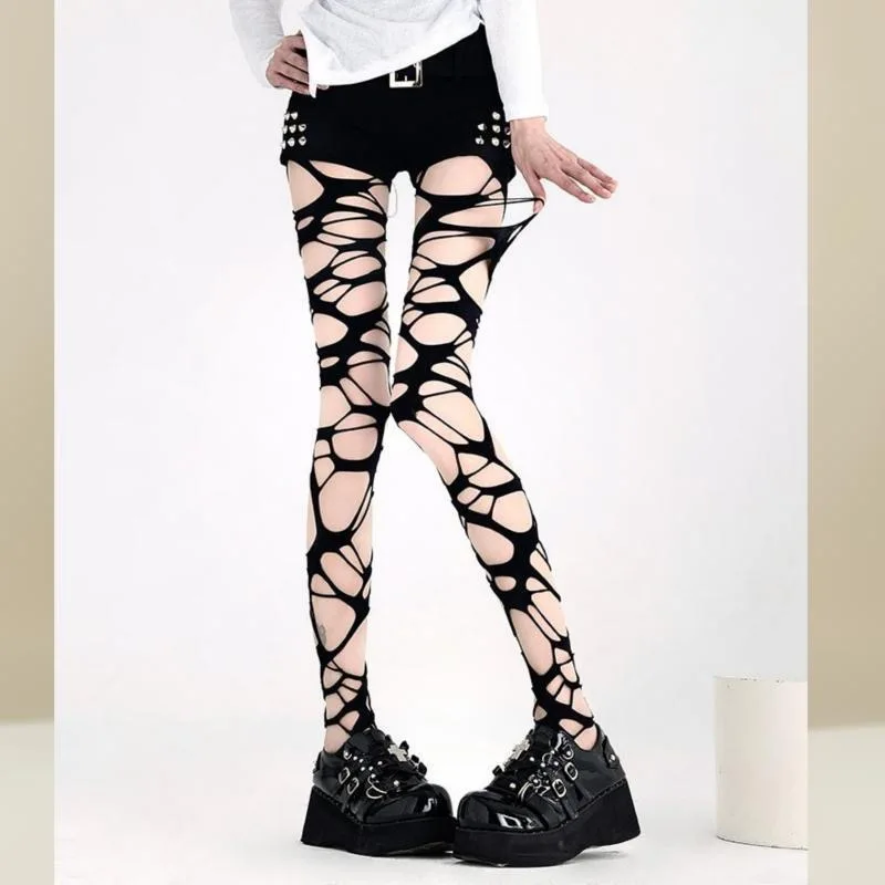 Zerrissene Netzstrumpfhose für Damen – Edgy Distressed Punk-Strümpfe, Y2K Grunge Goth Aesthetic, rutschfeste, dehnbare Strumpfhose