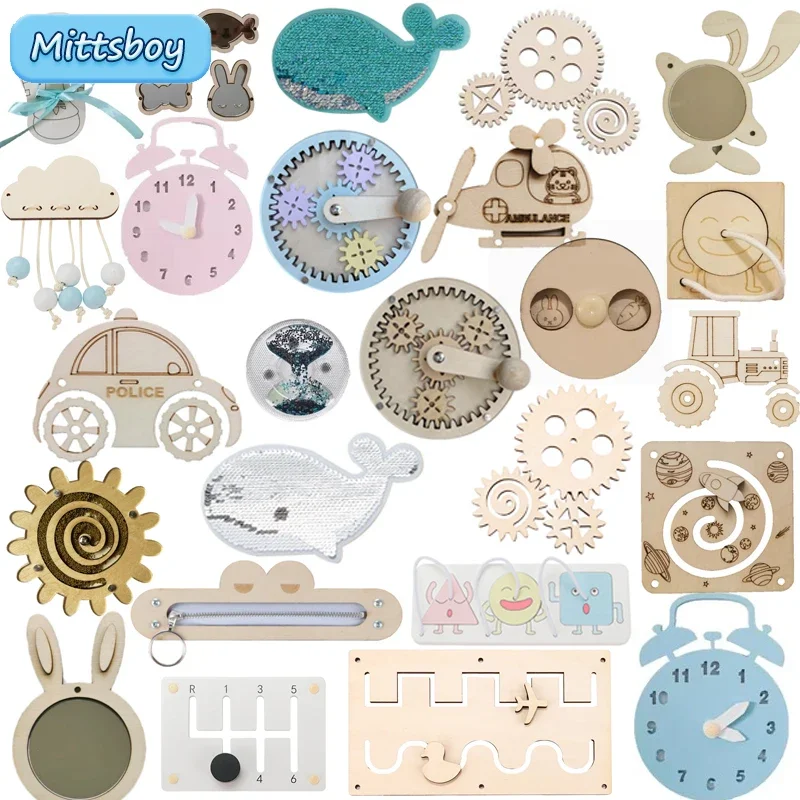 New DIY Montessori Busy Board Wooden Accessories Gear Hand Wheel Alarm Clock Animal Mirror Educational toys For Children Gifts