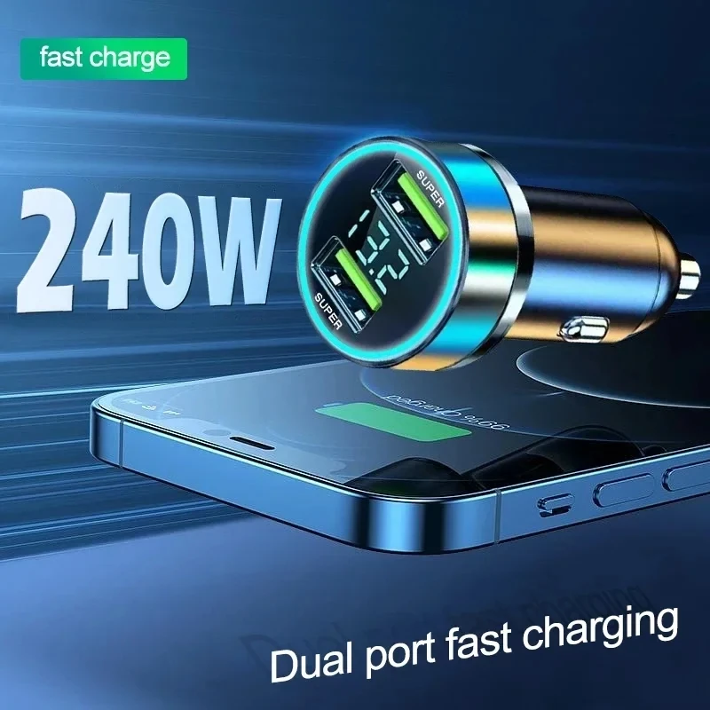 Autolader Snel opladen 240 W 2 USB-poortadapter met digitaal display Stroom- en startsysteem Oplader Elektrische apparaten