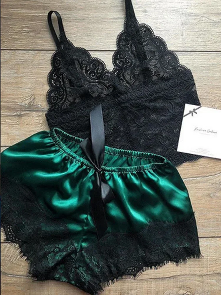Conjunto de pijamas de 2 piezas para mujer, ropa de dormir, lencería sexy, tops cortos de seda de encaje y pantalones cortos, conjuntos de pijamas informales