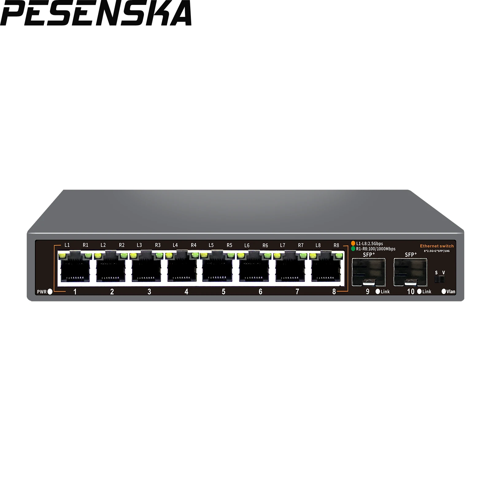 PESENSKA 10-порт 2.5G коммутатор неуправляемый 8x2.5G+2x10G Base-T SFP 60Гбит/с безвентиляторный металлический настенный