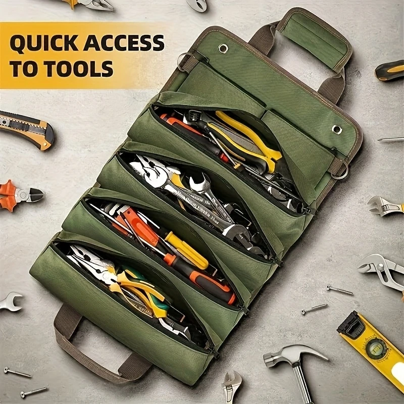 1pc Heavy Duty Waterproof Tool Kits Tote Roll-Up Design with 6 Tool Pouches for Organizing Hand Tools and Small Tools