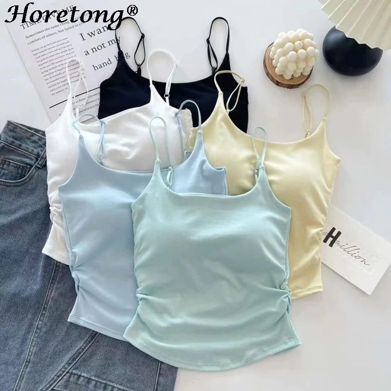 Horetong Women Pleated Camisole with Chest Cushion 2025 Spring Summer Adjustable Sleeveless Tops Sexy Sweet Slim Elastic Camis