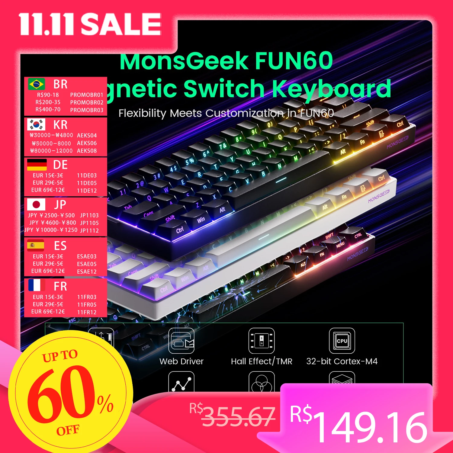 Akko MonsGeek FUN60 Teclado mecánico interruptor magnético 60% teclados para juegos disparador rápido 0,01mm 8K ARGB HE/TMR teclado personalizado
