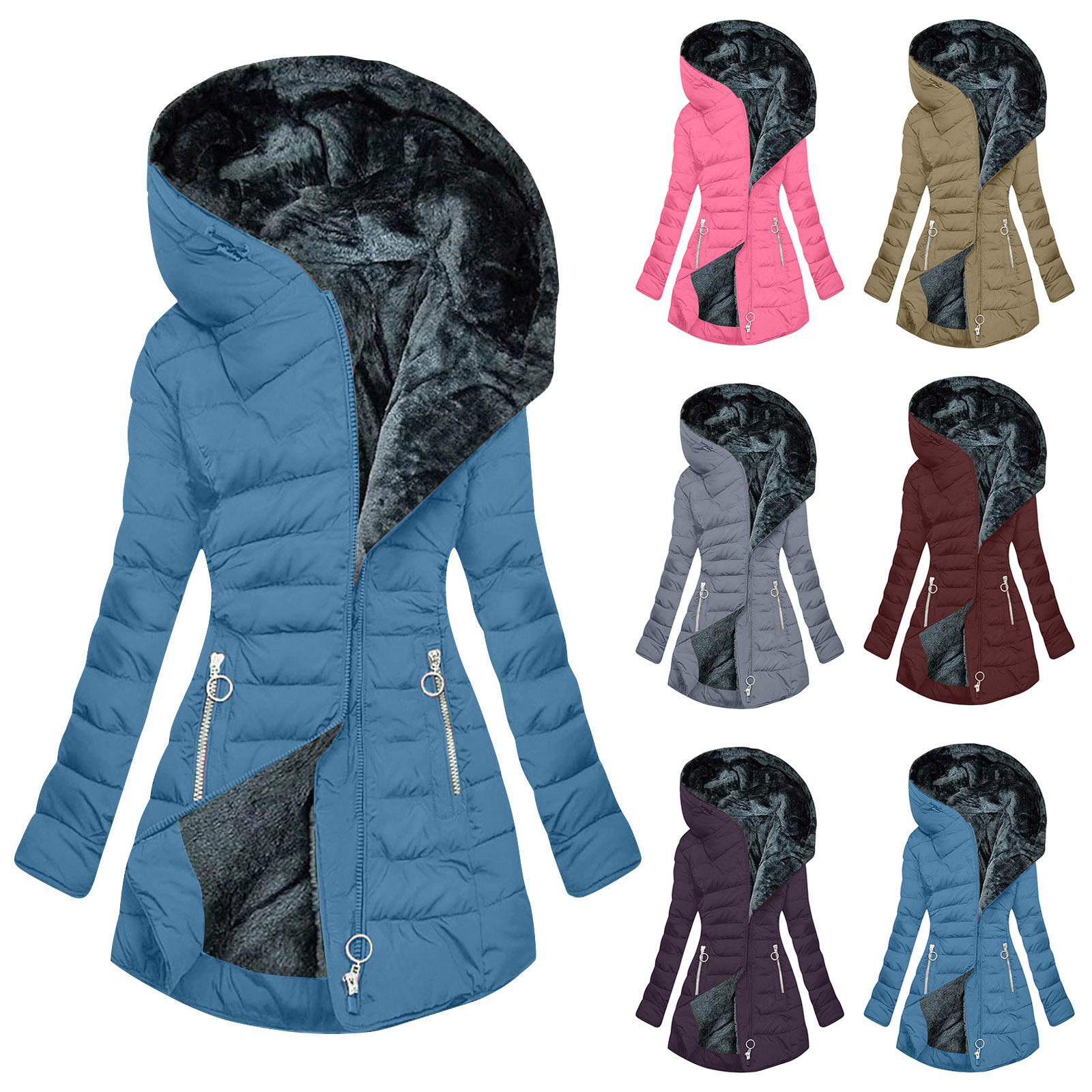 Mulheres parkas com capuz sólido zíper splice midi casacos manga longa bolsos fino ajuste grosso casaco casual parka inverno quente 2024