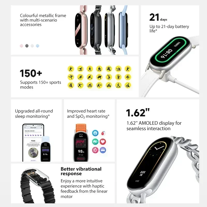 Versión global Xiaomi Smart Band 9 Pantalla AMOLED de 1,62 pulgadas 21 días de duración de la batería Admite más de 150 modos deportivos 5ATM Bluetooth 5.4
