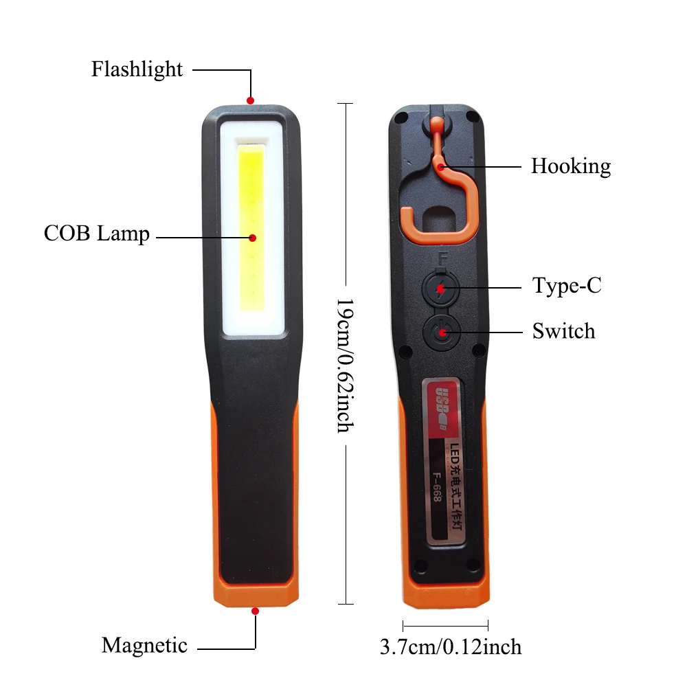 Przenośna lampa robocza LED COB, lampa warsztatowa samochodowa, lampa mechaniczna, ładowanie Type-C, latarka, latarka magnetyczna, światło awaryjne, oświetlenie ostrzegawcze