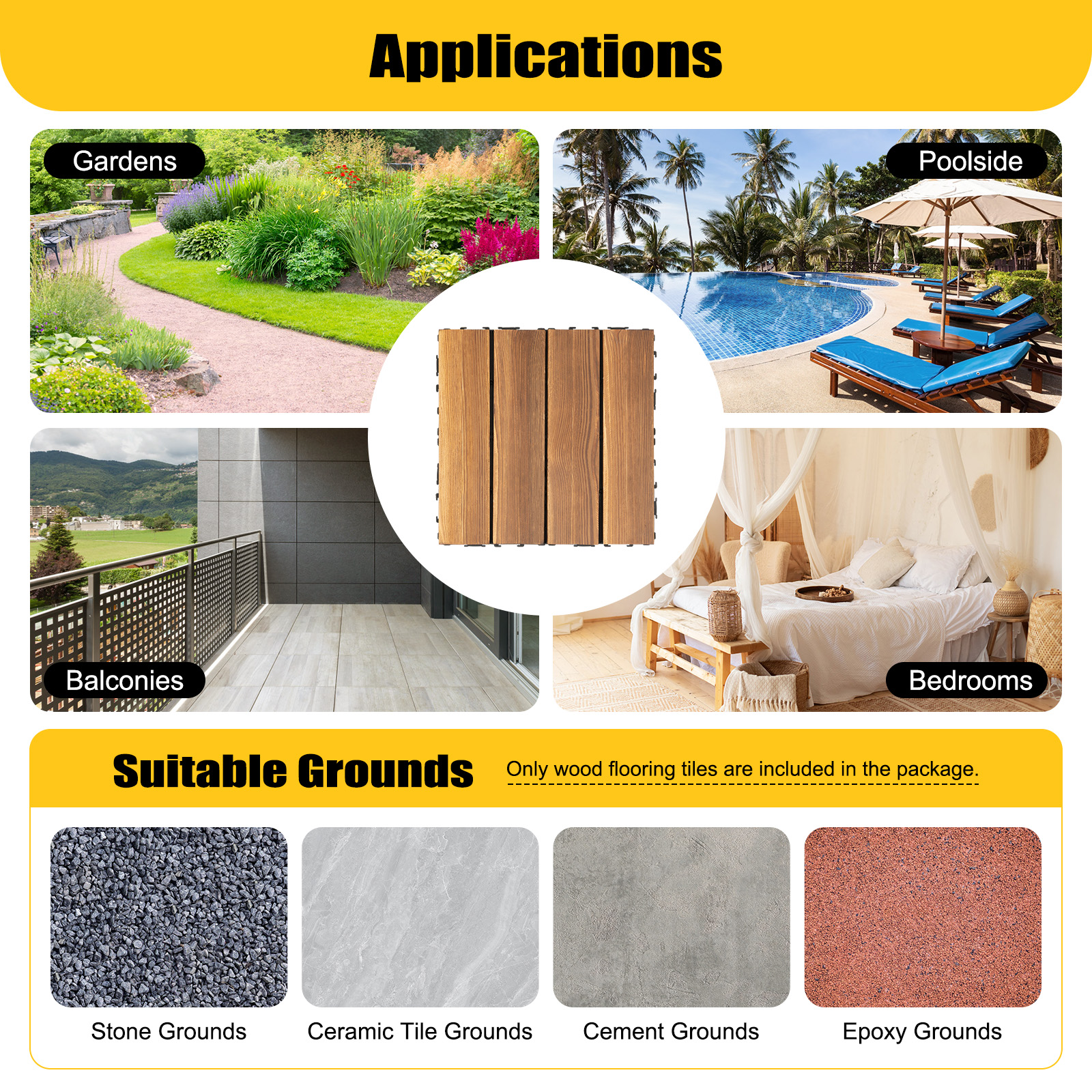 36Pcs Hardwood Interlocking Patio Deck Tiles Wood Interlocking Flooring Tiles 12" × 12" Interlocking Tiles Outdoor Waterproof