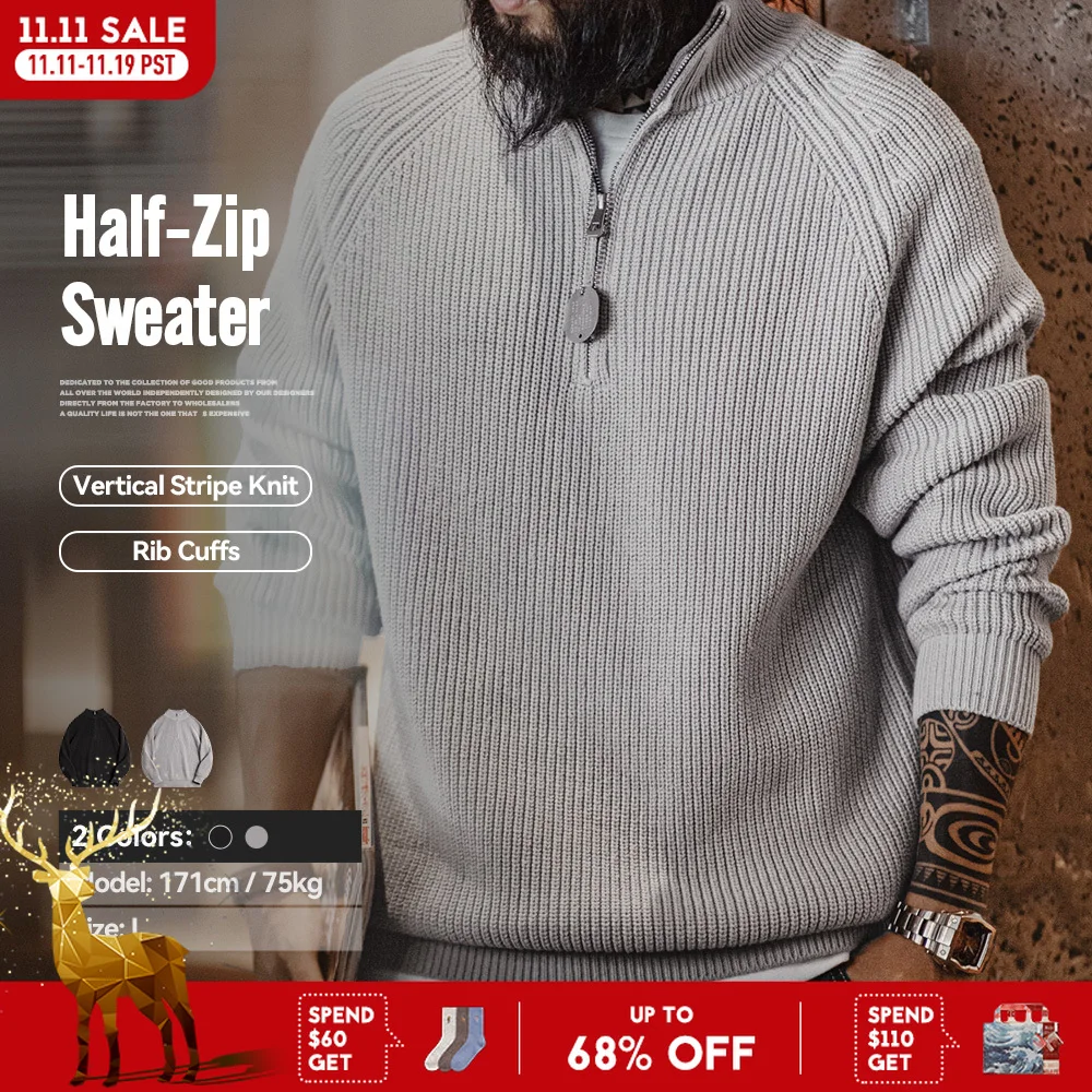 Maden Vintage-Strickpullover mit halbem Reißverschluss und Stehkragen, einfarbig, warmer Pullover für Herren, Herbst und Winter, vielseitige Strickwaren