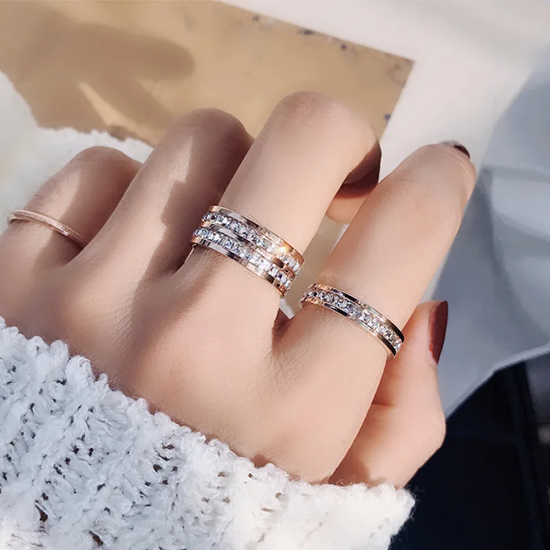 Anillo de boda con piedras blancas claras para mujer, acero inoxidable, 1 y 2 filas, circonita ostentosa, par de anillos de moda, joyería femenina