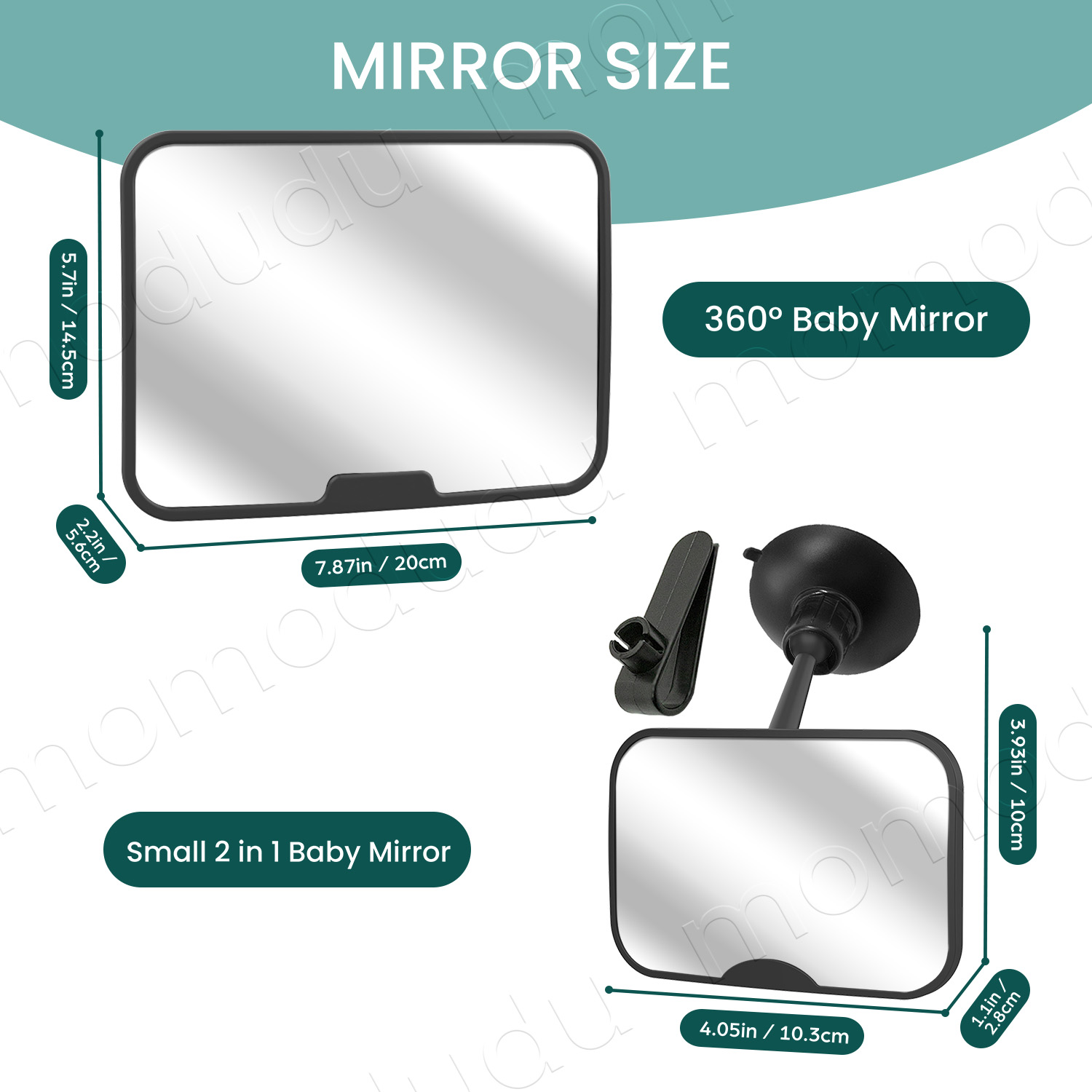 O conjunto de espelho para carro de bebê inclui espelho tipo clip-on ou ventosa e 360 °   Espelho giratório grande angular e inquebrável universal