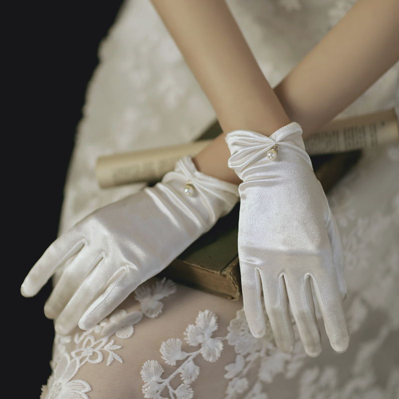 Gants de mariage transparents Vintage, robe de mariée blanche, avec nœud en maille et perles, courts en dentelle, accessoires de mariage