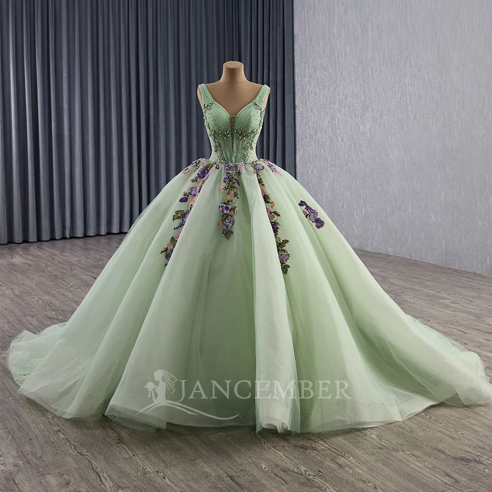 Maßgeschneiderte grüne Ballkleid Quinnceanera Kleider ärmellos Glitzer Organza Korsett Abschlussball Partykleid Vestido De 15 Quinceañera
