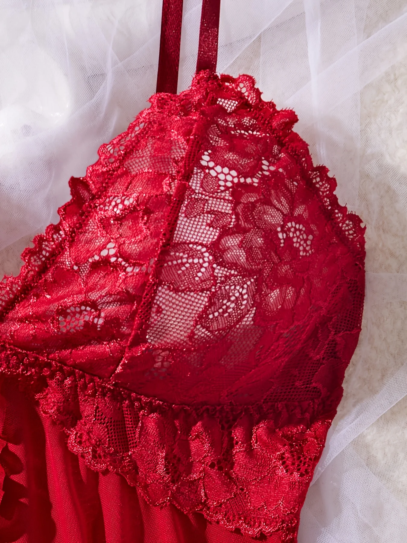 Conjunto de lingerie sexy de renda para mulheres, camisola vermelha quente com calcinha combinando, camisola de renda transparente com decote em V, noite romântica