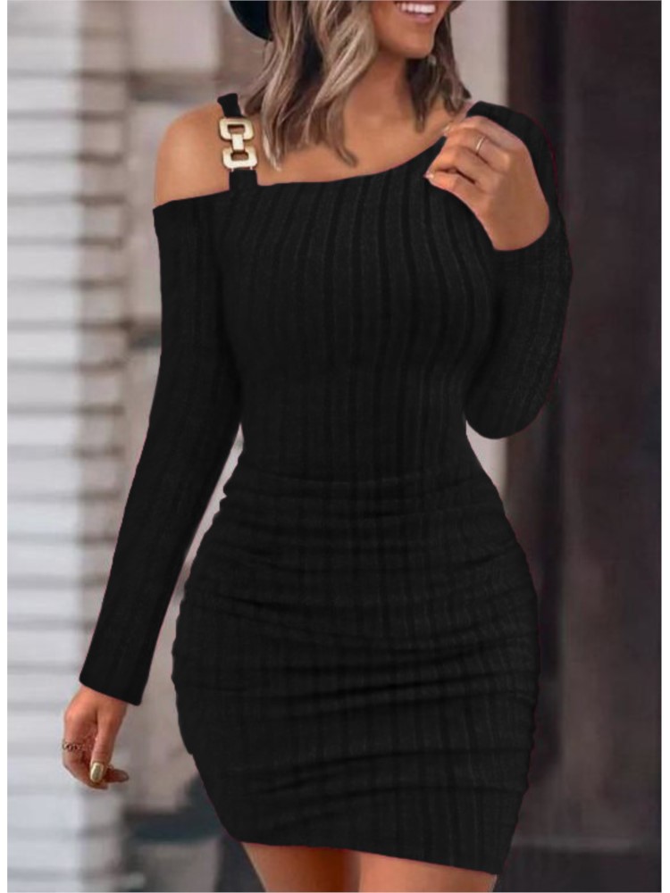 Sexy Kette Off Schulter Mini Kleid Frauen Herbst Mode Bodycon Langarm Kleider Für Frauen Winter Dünne Gestrickte Vestidaos