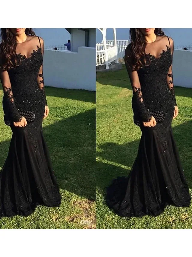 Meerjungfrau/Trompete Abendkleid funkeln Kleid Heimkehr Sweep/Pinsel Zug Langarm Illusion Hals Spitze mit Applikationen
