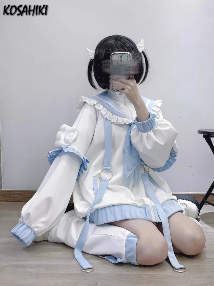 Japanische Y2k Ästhetische Rüschen Zipper Sweatshirt Kawaii Hoodies Frauen Flügel Patch Lose Kontrast Salior Kragen Grunge Hoody Top