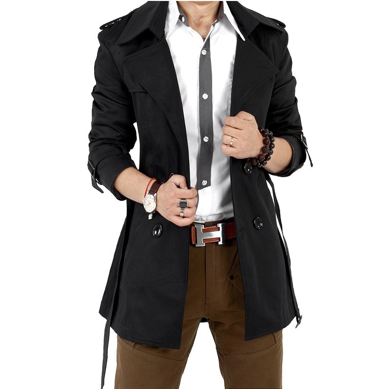 Chaqueta cortavientos para hombre Vintage negro caqui primavera otoño gabardina de negocios para hombre doble botonadura Retro clásico abrigo largo grueso