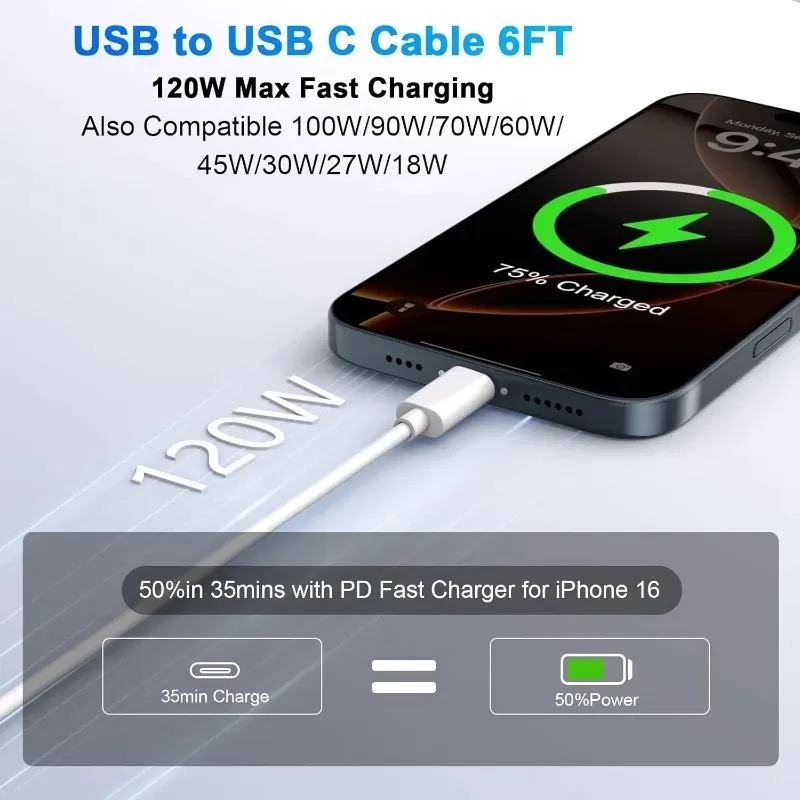 1-3PCS Quick Charging Cable 120W 10A USB A To Type C Fast Charger High-speed Data Transfer Wire Cords for Samsung Xiaomi Huawei