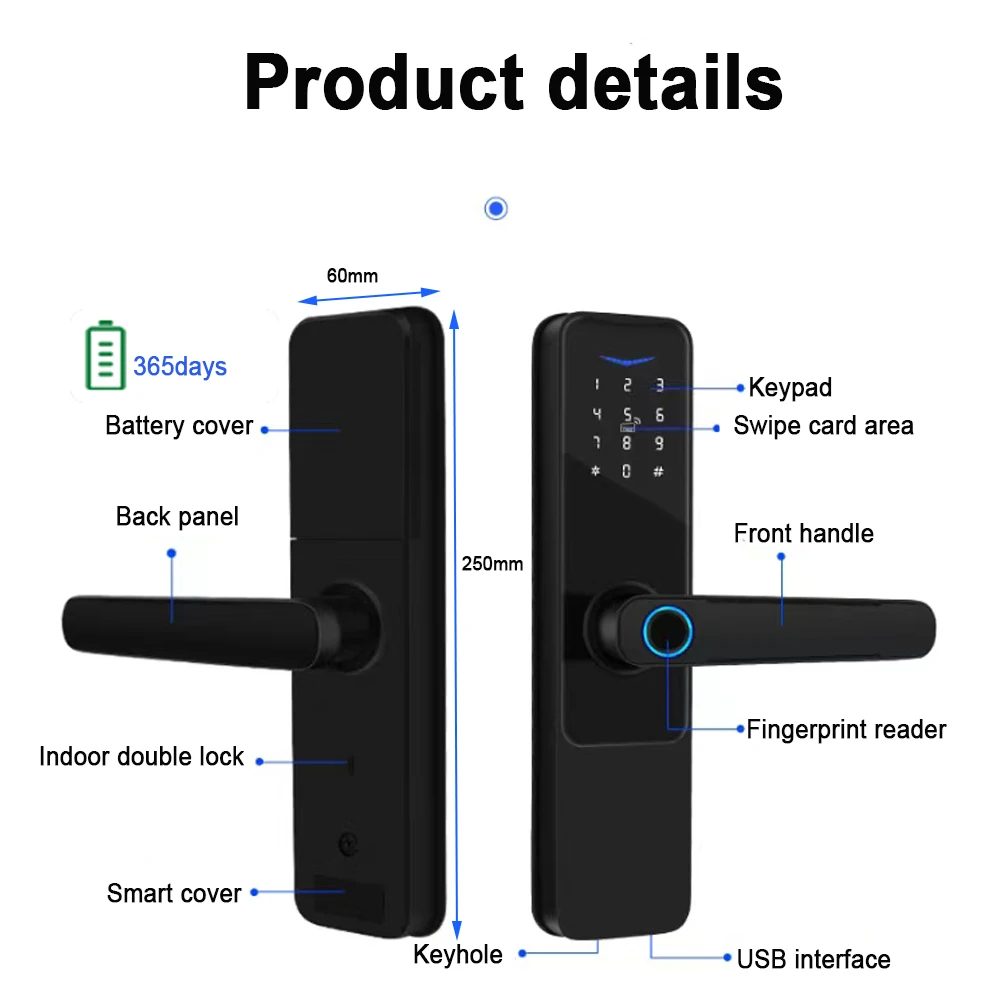 Smart Door Lock with Handle Keyless Entry Door Lock for Front Door WIFI Lock Smart Life Free App Remote Control Door 35-120mm