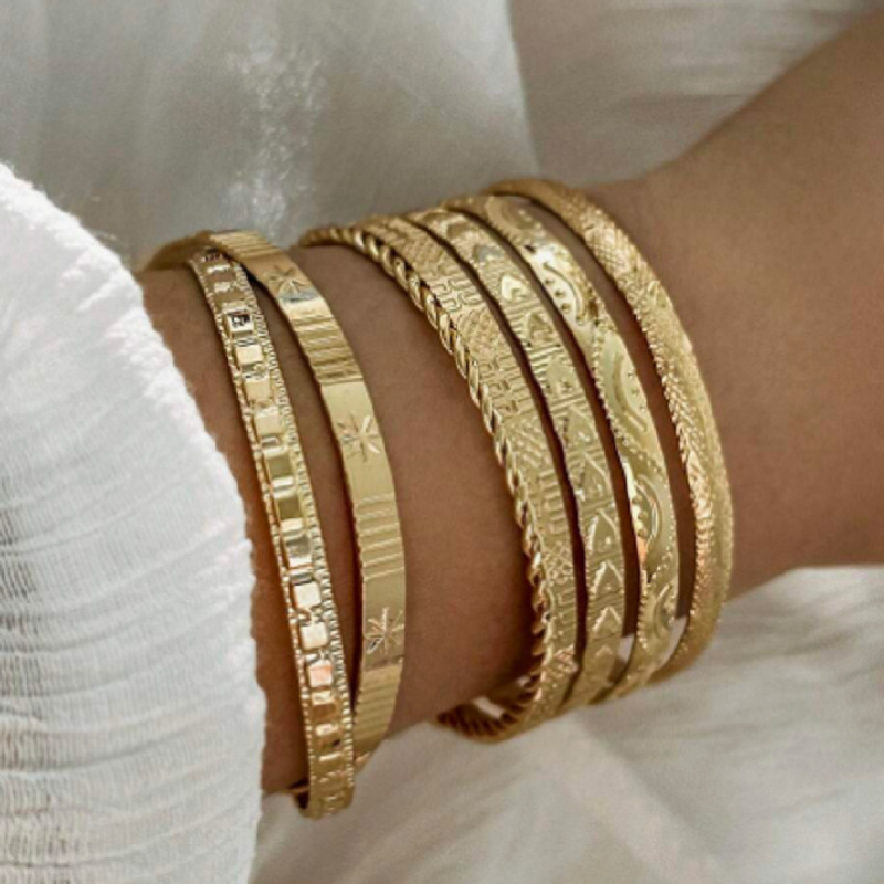 7 unids/set Retro oro tallado corazón hexágono estrella giros apertura geométrica brazalete conjunto mujer brazalete pulsera joyería de moda