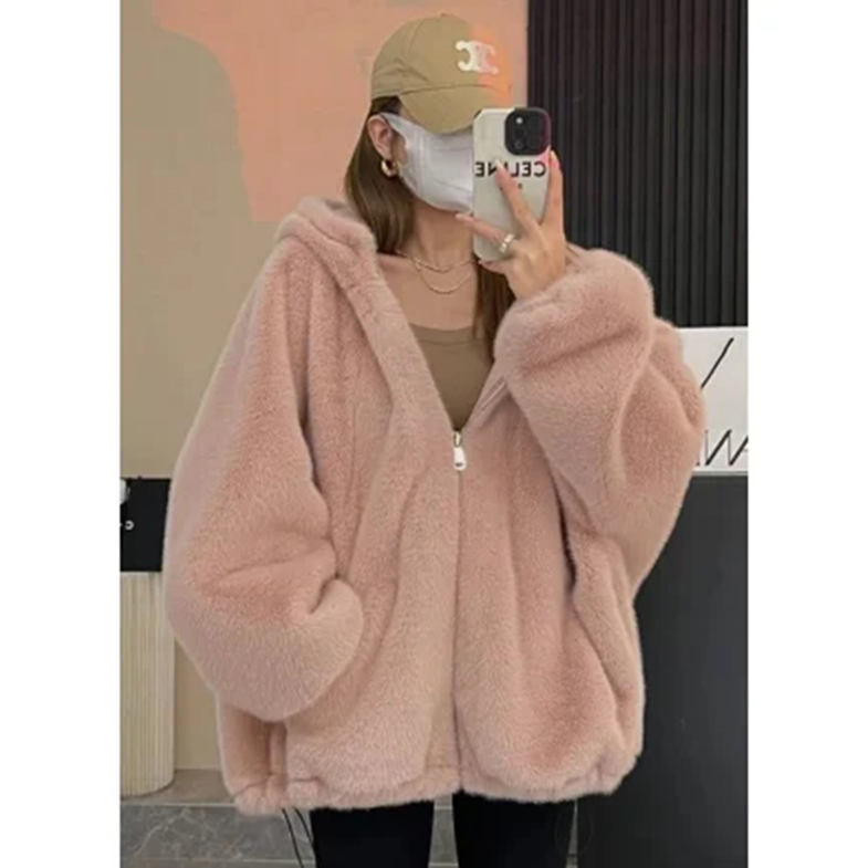 plus Size Women's Faux Rabbit Fur Coat Thickened Plush Loose Winter Coat with Hood Korean Sle Long Sleeve Mid-Length Jacket