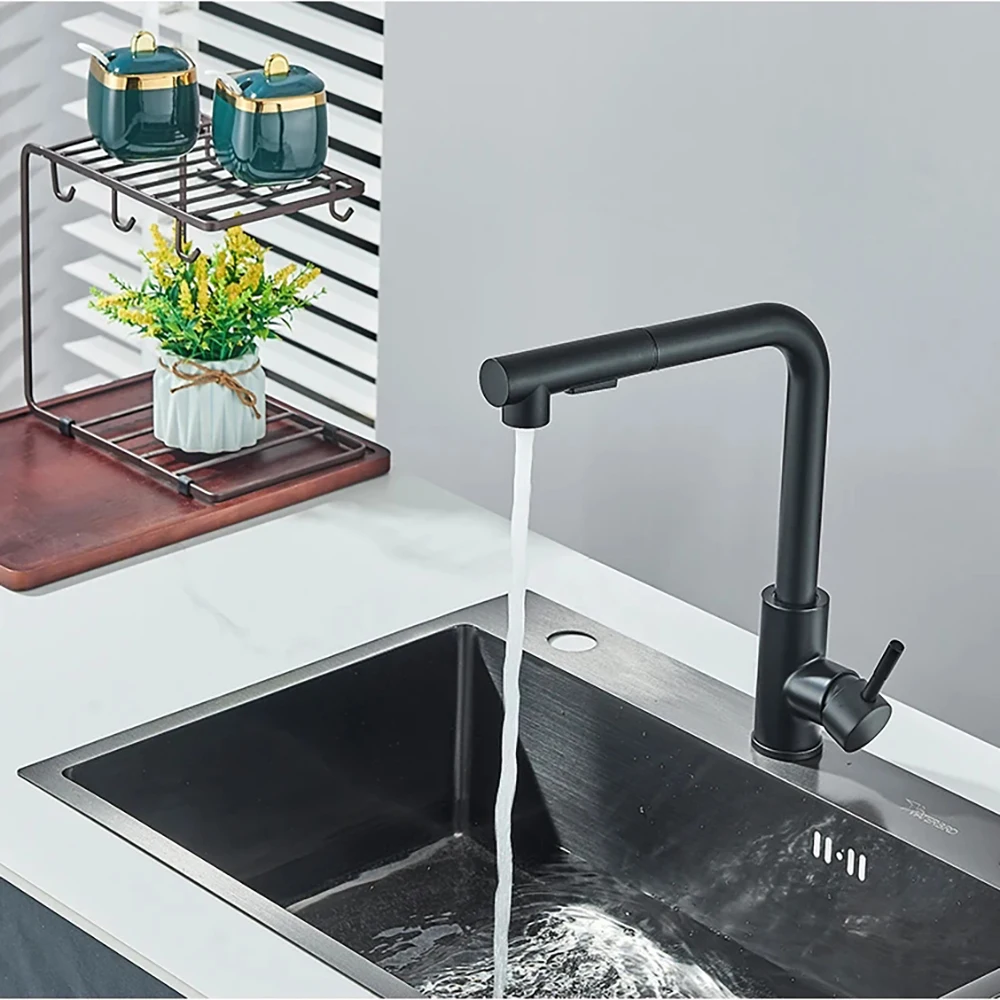 Envío Gratis, grifo de fregadero de cocina extraíble negro, dos modelos, boquilla rociadora de corriente, cubierta de grifo mezclador de agua fría y caliente de acero inoxidable