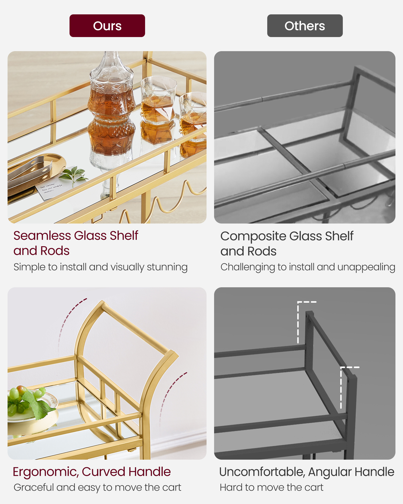 VASAGLE Drinks Trolley, Bar Cart, Serving Trolley with 2 Mirrored Shelves, Wine Holders, Glass Holders