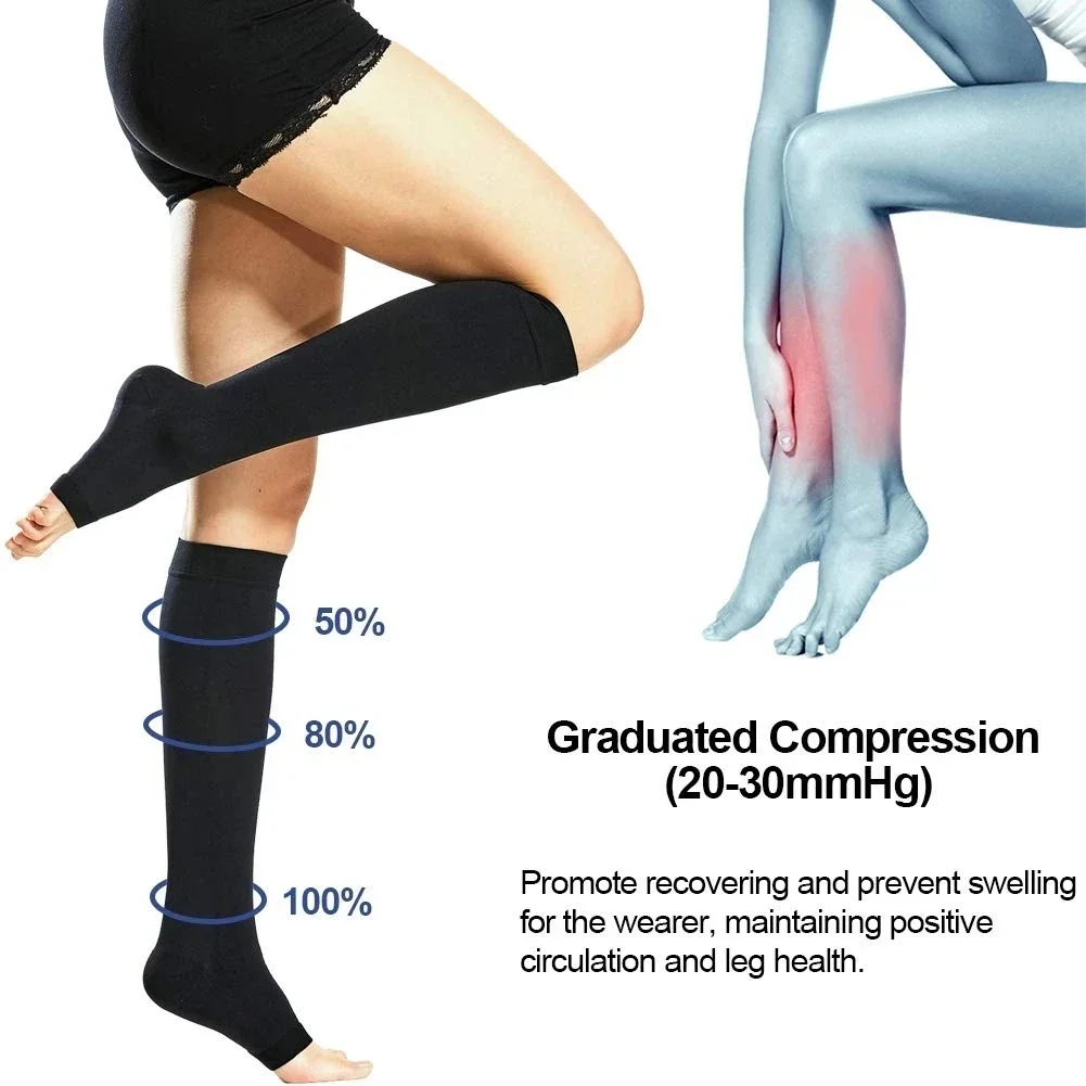 Medias médicas de compresión para pantorrilla, medias de presión graduadas para dar forma a las venas varicosas, medias elásticas con punta abierta hasta la rodilla, S-XL