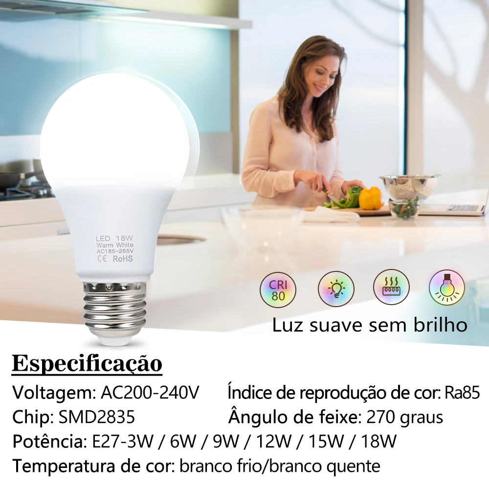 3w 6 9 12 15 18 lâmpadas led e27 lampada lâmpada led ac 220v-240v inteligente ic alto brilho bombilla lâmpada holofotes