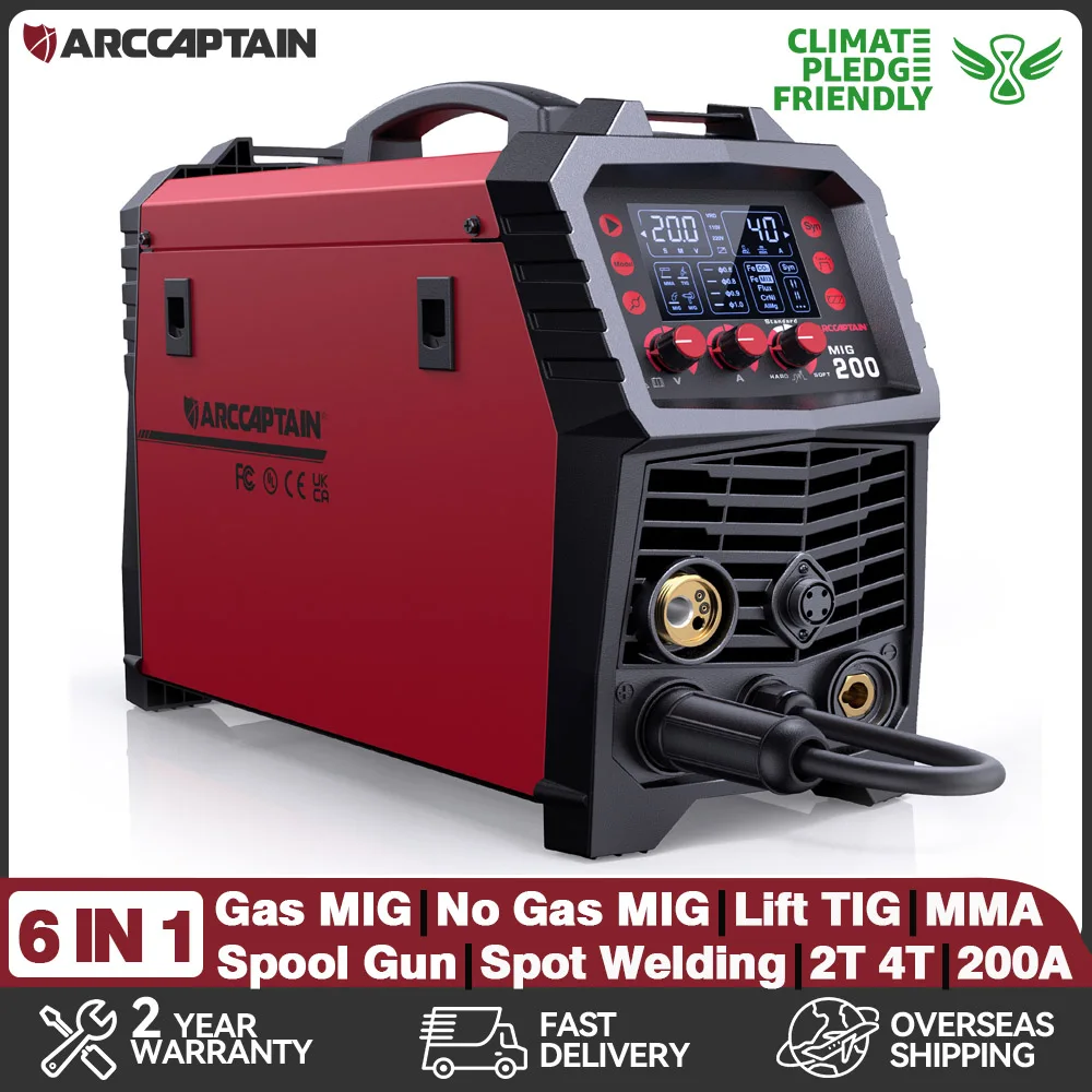 Saldatrice MIG ARCCAPTAIN 6 in 1 220V 200A Inverter IGBT Semiautomatica MMA Lift TIG Gas Non-Gas MIG 2T 4T Per Saldatore Domestico