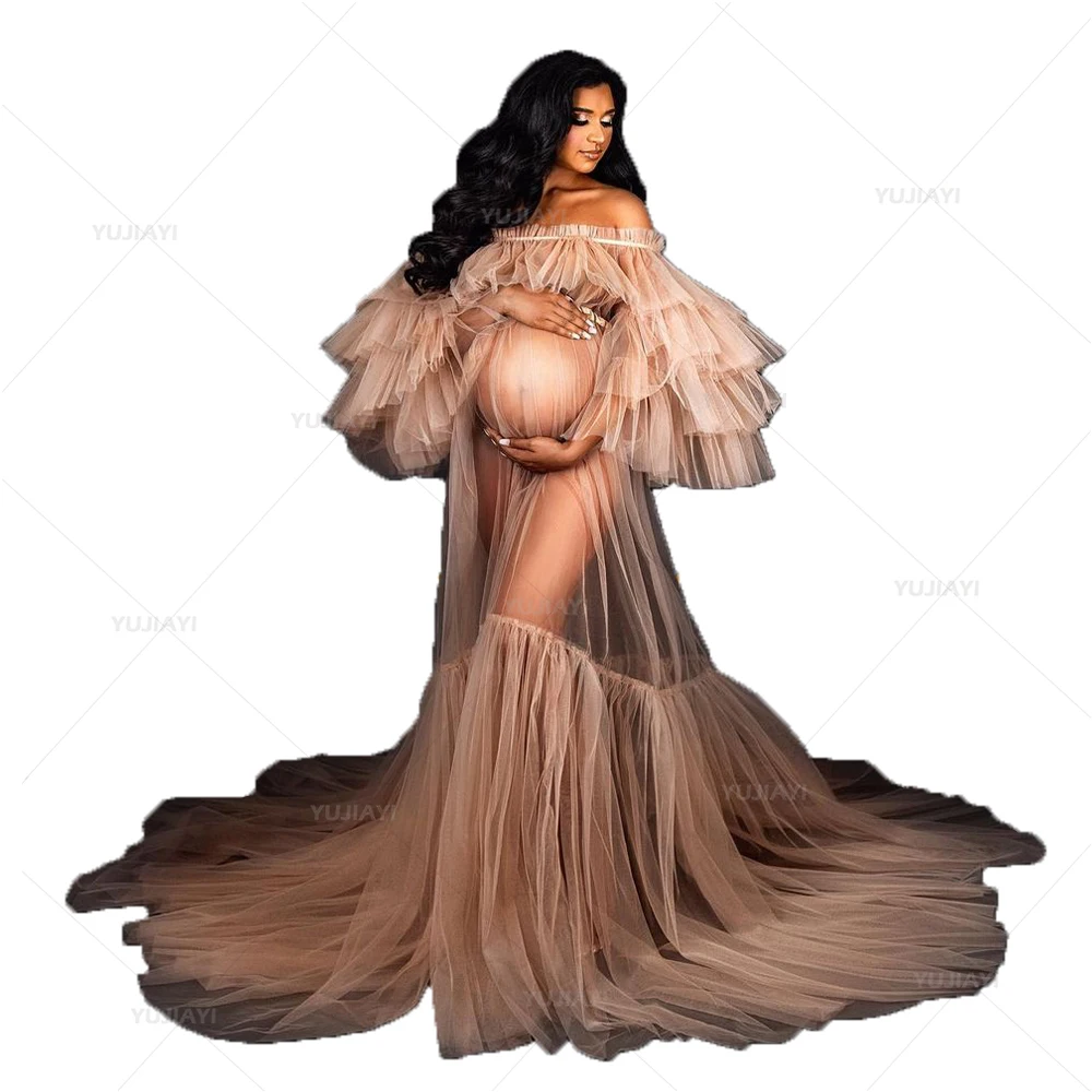 ชุดคลุมท้องปิดไหล่ Tulle Robe ที่กําหนดเองผู้หญิงเสื้อคลุมอาบน้ํางานแต่งงานชุดชั้นในชุดนอนเจ้าสาวชุดนอน