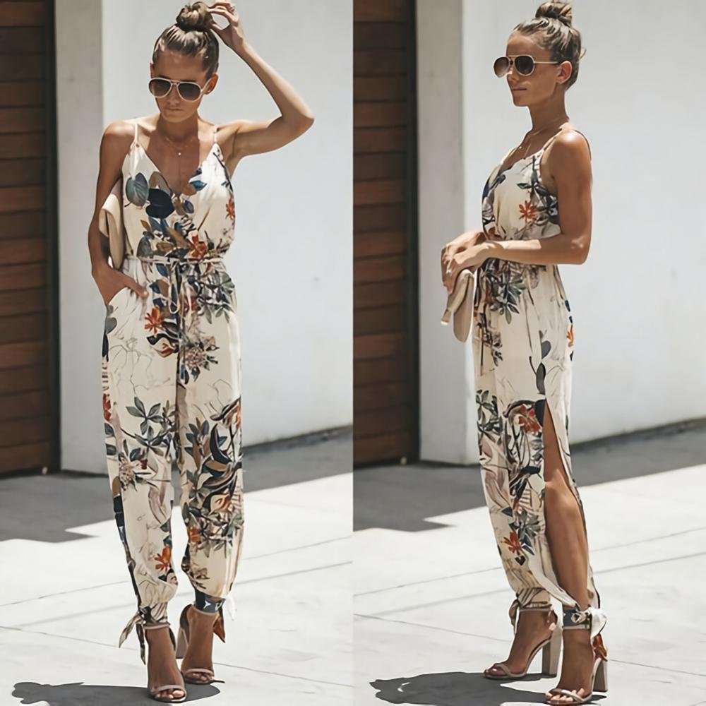 Mulheres verão sexy sem costas casual profundo-v floral impressão com tiras macacões macacão
