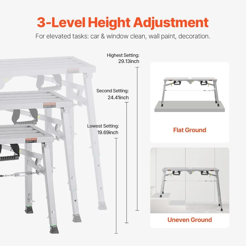 VEVOR Work Platform, 39x 12 Portable Scaffolding Platform, Folding Steel Step Ladder Adjustable Height 19.7-29.1, 400 lbs Load C