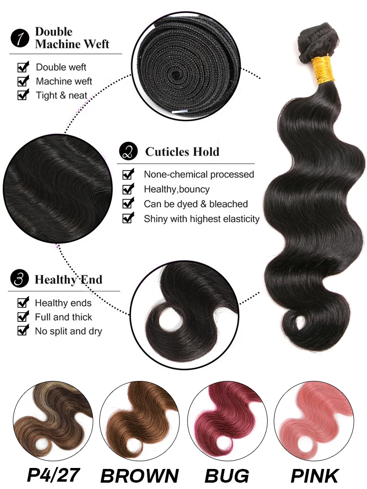 Onda do corpo pacotes de cabelo humano com fechamento cor natural 3 pçs pacotes de cabelo humano com fechamento 4x4 13x4 laço frontal com 3 pacotes