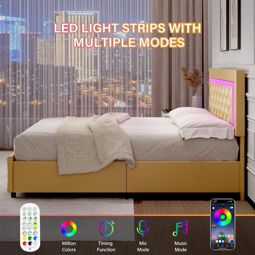 Twin Bed Frame with Storage Drawers & LED Lights, Upholstered Twin Bed with Diamond-Tufted Headboard, Modern Kids Bed for Girls,