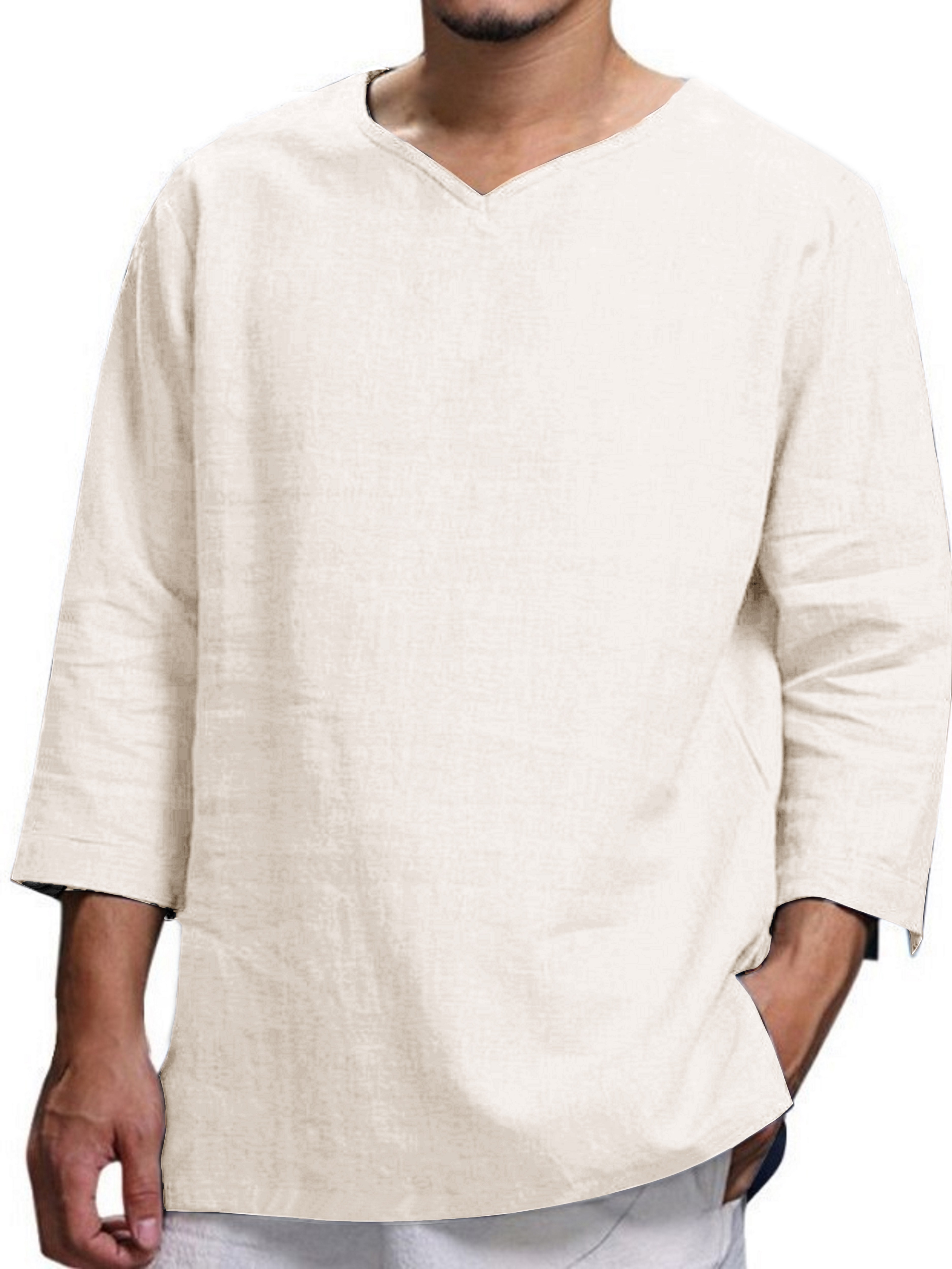 Einfarbiges Herren hemd aus reiner Baumwolle im Frühjahr und Herbst im Retro-Stil, lässiges Hemd mit 3/4 Ärmeln und V-Ausschnitt, vielseitiges Herren hemd