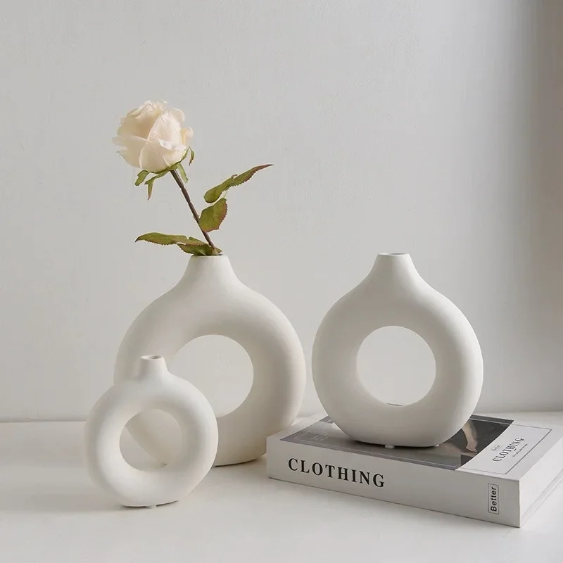 Florero de plástico Simple con forma de Donut, maceta individual para decoración del hogar y la sala de estar, adornos de mesa, florero circular para arreglo floral