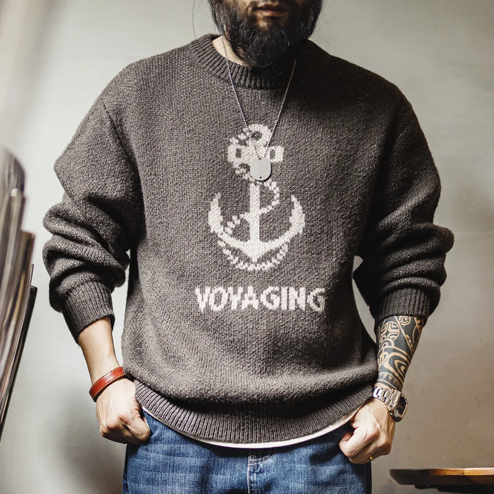 Maden Retro-Strickpullover mit Aufdruck, vielseitiger, warmer, gerippter Rundhalspullover für Herren-Herbst- und Winter-Basisschichtoberteile