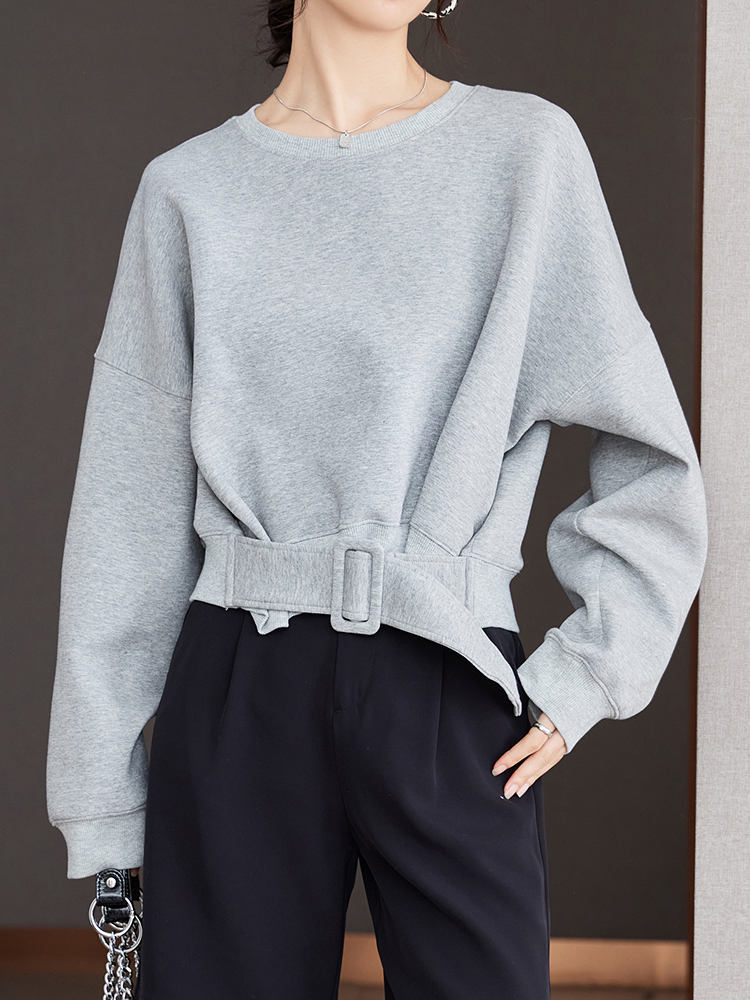 Stylowe Grey bluzy jesienno-zimowe damskie zwykły pas z długim rękawem luźny swobodny pulowery Oversize koreańska krótka sweter