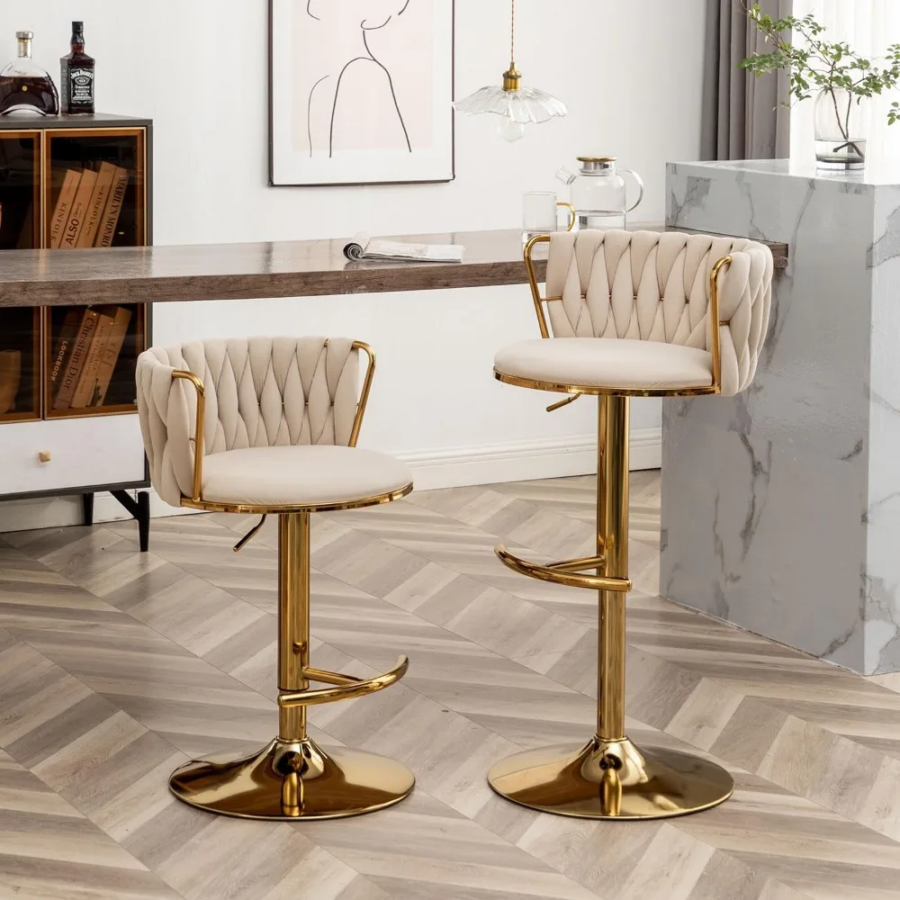 Gold Velvet Bar Stools Set of 4, Swivel Counter Height Bar Stools with Back, Adjustable Woven Barstools for Kitchen Island, Pub,