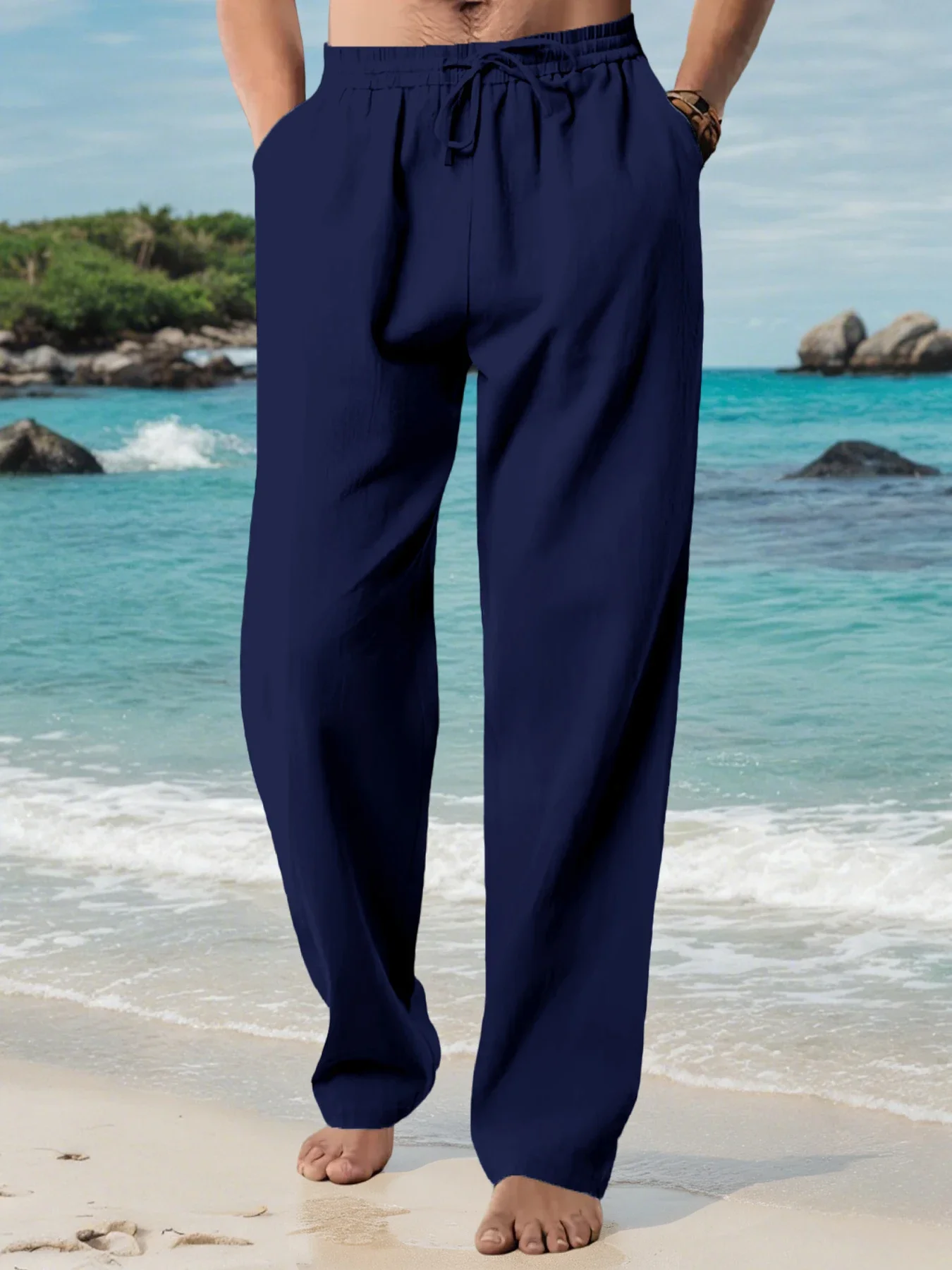 Pantaloni lunghi casual da uomo Pantaloni da spiaggia larghi e traspiranti estivi Pantaloni maschili in vita elastica con coulisse tinta unita