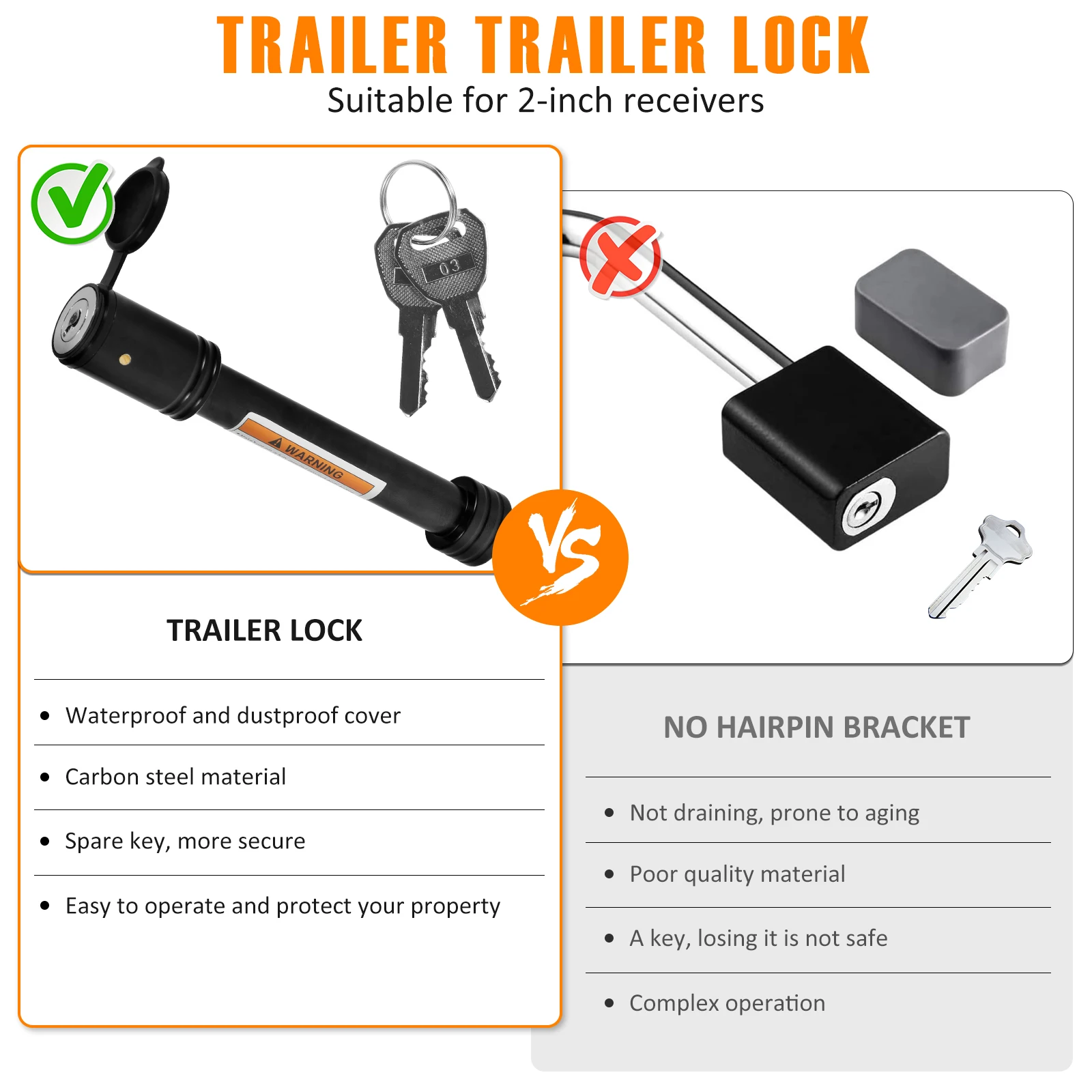 Rvトラックキー用トレーラーヒッチロック、炭素鋼牽引レシーバーロック、盗難防止、防水ピンロック、5インチ8インチ