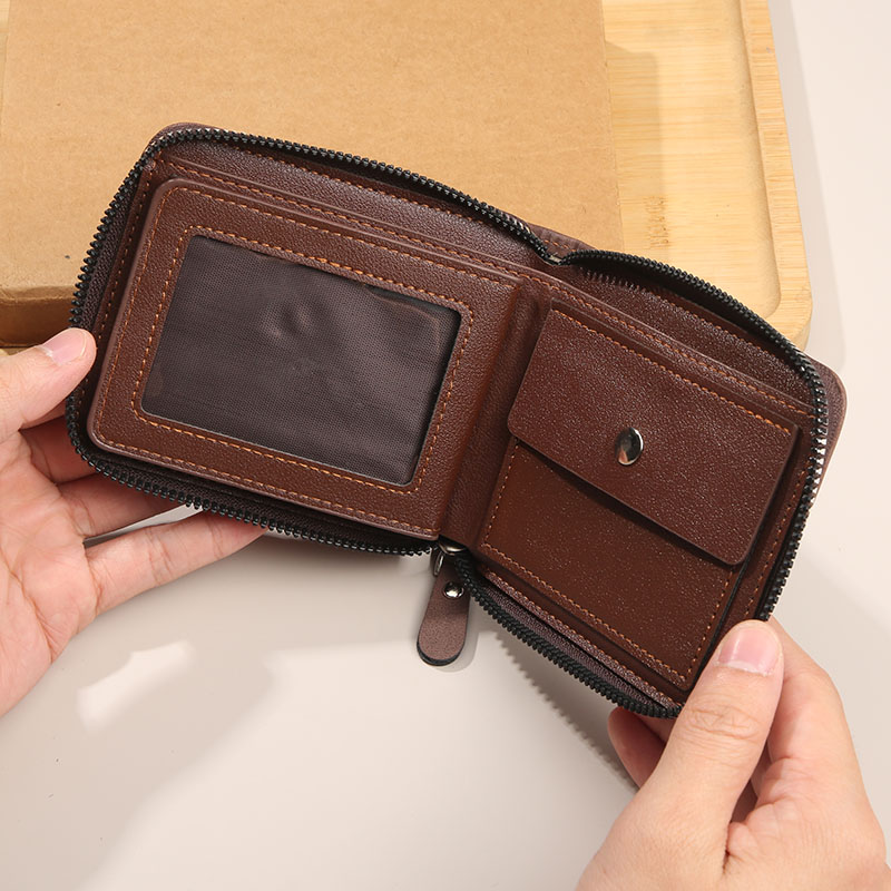 2025 new men's wallet short horizontal zipper three fold zero wallet retro casual buckle square bag